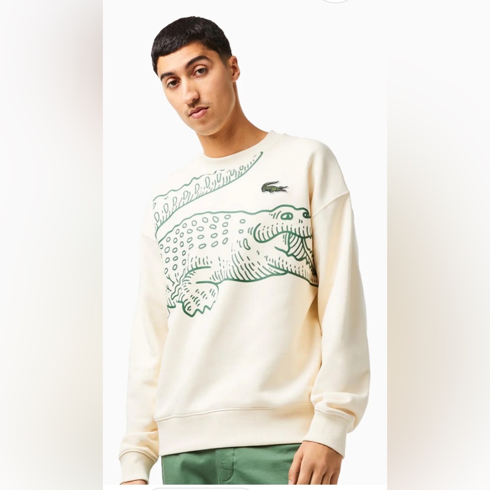 Lacoste Cream and Green Graphic Crewneck Sweater